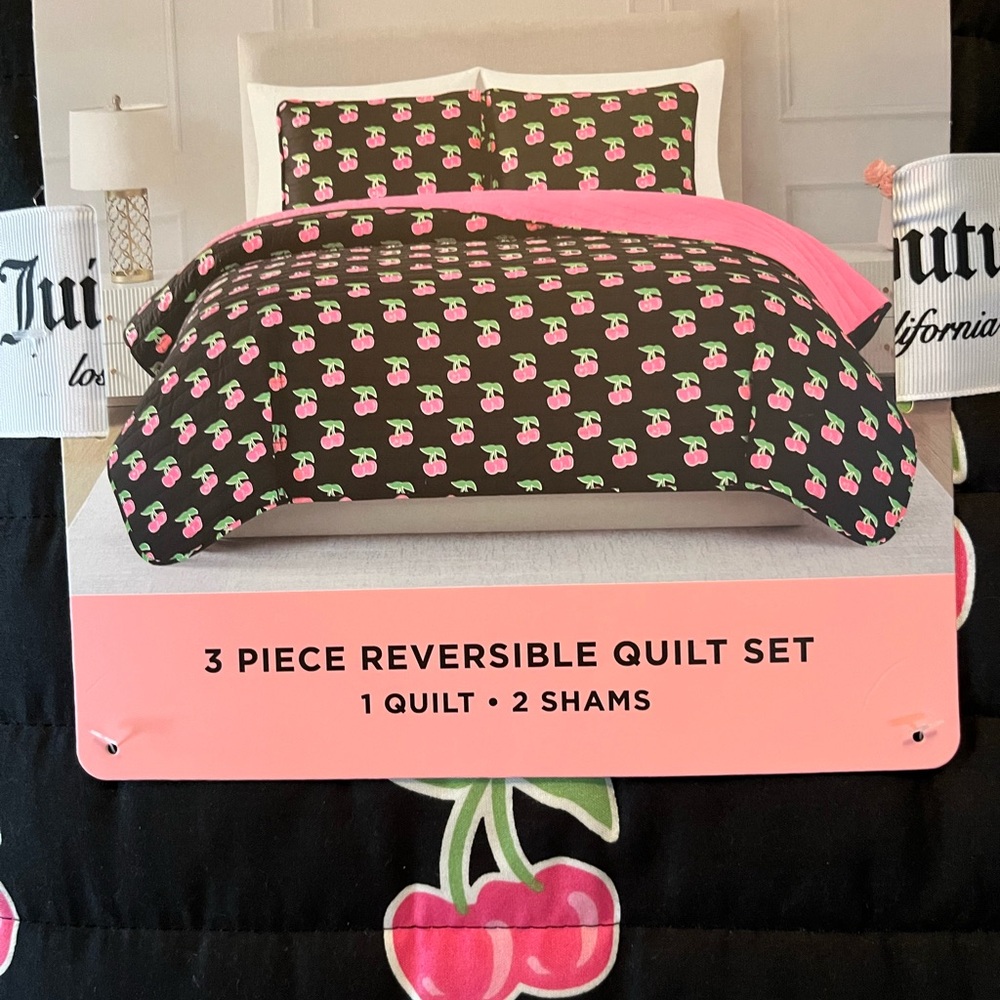 Juicy Couture Black and Pink Cherry Quilt Set Full/Queen NWT